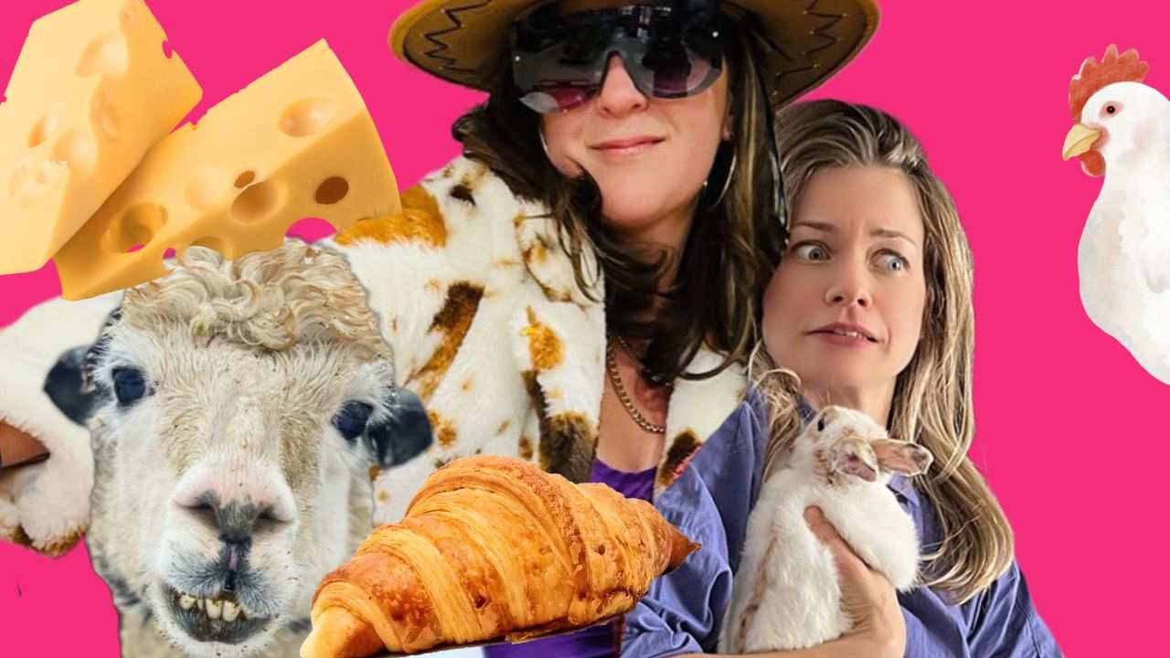 two women with cheese, a croissant and animals